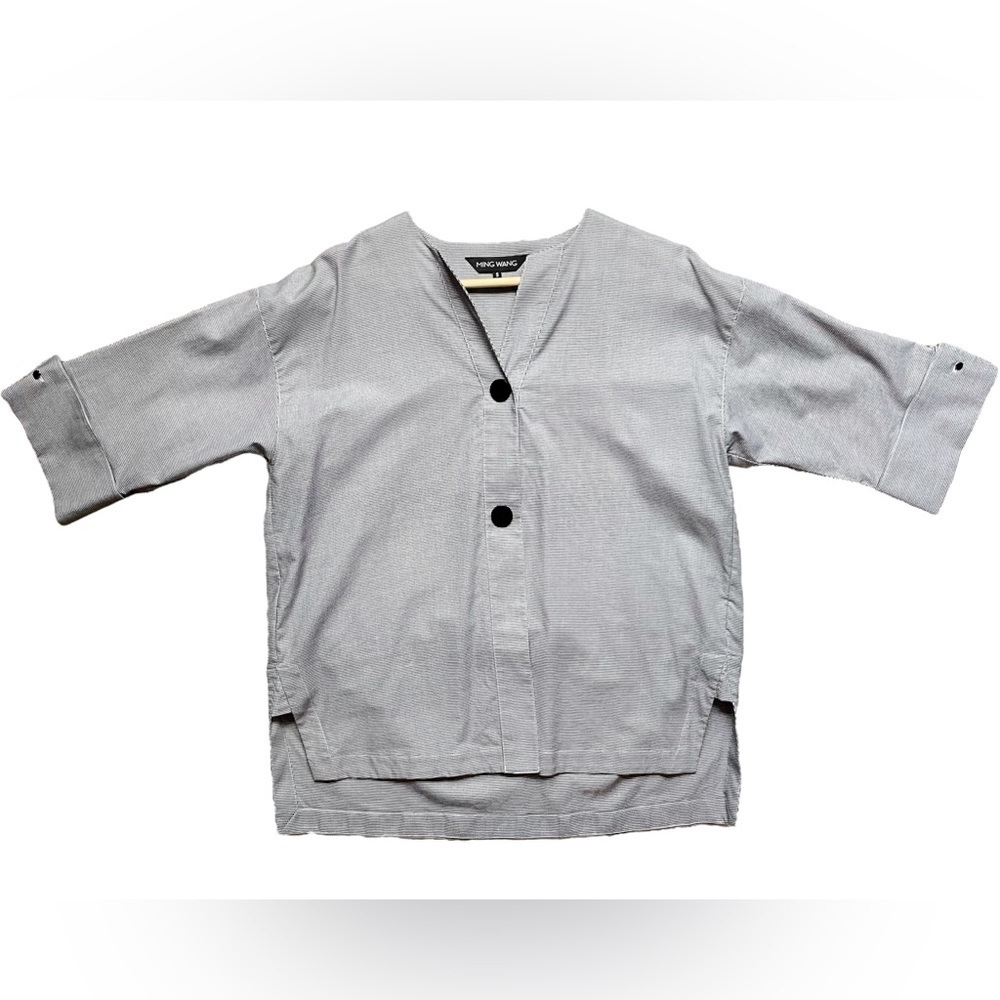 Ming Wang Herringbone Button Front Cuff Sleeve Blouse